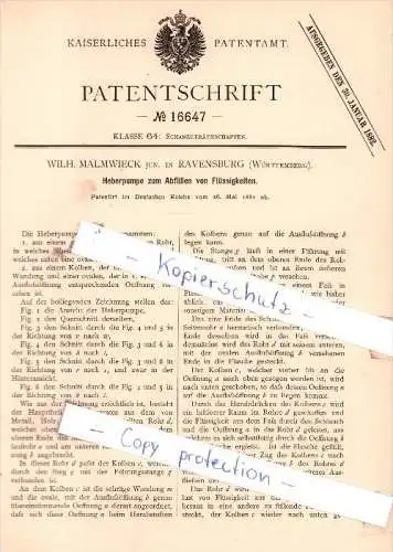 Original Patent - Wilh. Malmwieck jun. in Ravensburg , Württemberg , 1881 , Heberpumpe !!!