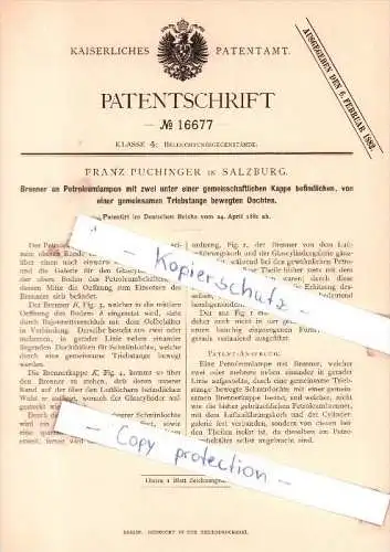 Original Patent - Franz Puchinger in Salzburg , 1881 , Brenner an Petroleumlampen !!!
