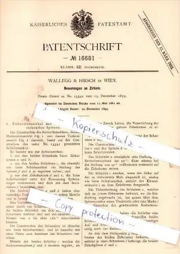 Original Patent - Walleg & Hirsch in Wien , 1881 , Neuerungen an Zirkeln !!!