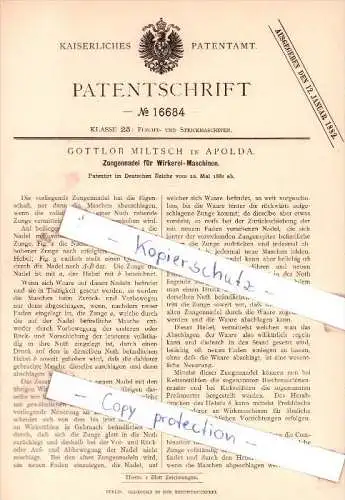 Original Patent - Gottlob Miltsch in Apolda , 1881 , Zungennadel für Wirkerei-Maschinen !!!