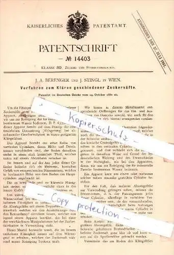 Original Patent -  J. A. Berenger und J. Stingl in Wien , 1880 ,  Klären geschiedener Zuckersäfte !!!