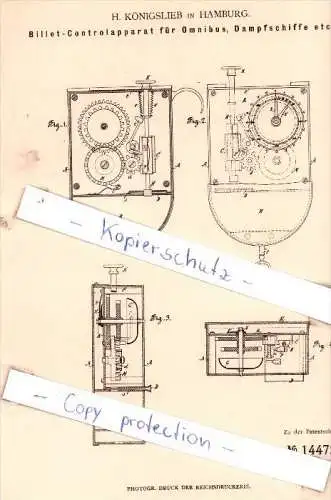 Original Patent - H. Königslieb in Hamburg , 1880 , Billet-Controllapparat für Omnibus , Dampfschiff !!!