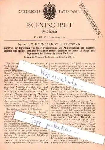 Original Patent - Dr. phil. G. Deumelandt in Potsdam , 1885 , Darstellung von Phosphorsäure !!!