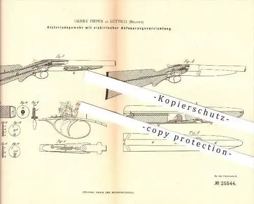 original Patent - Henry Pieper in Lüttich , Belgien , 1883 , Gewehr mit elektrischer Abfeuerung , Waffen , Geschosse !!!