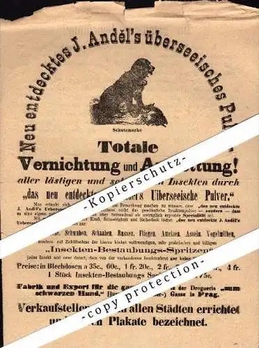 Werbeblatt , Plakat - TOTALE VERNICHTUNG UND AUSROTTUNG , J. Andel , Pulver für Hunde , Andel`s in Prag !!!