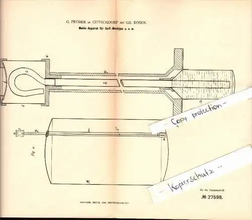 Original Patent - Gustav Pröber in Gutschdorf b. Groß Rosen , 1883 , Meldeapparat für Saft , Strzegom , Rogoznica !!