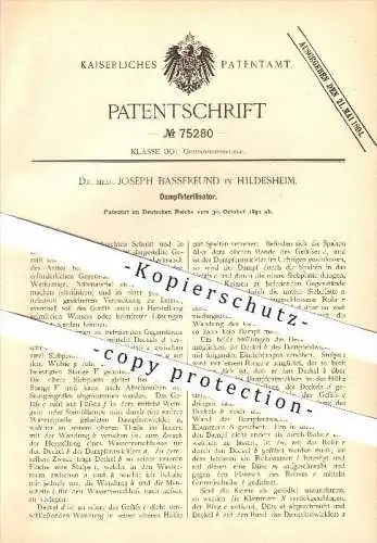 original Patent - Dr. med. Joseph Bassfreund in Hildesheim , 1892 , Dampfsterilisator , Gesundheitspflege !!!