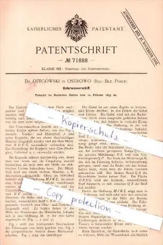 Original Patent - Dr. Ozegowski in Ostrowo , Reg.-Bez. Posen , 1893 , Unterwasserschiff , U-Boot  !!!