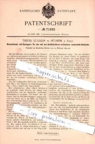 Original Patent - Theod. Lützeler in Mülheim a. Rhein , 1893 , Rieselständer mit Glaslagern  !!!