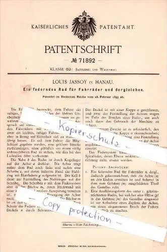 Original Patent - Louis Jassoy in Hanau , 1893 , federndes Rad für Fahrräder  !!!