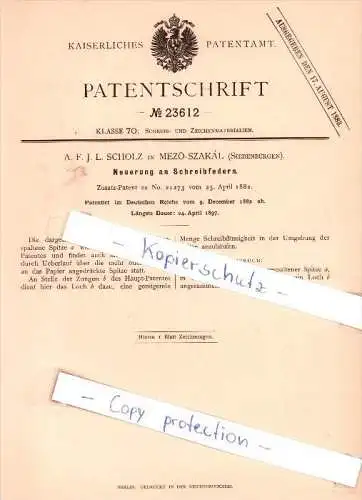 Original Patent - A. F. J. L. Scholz in Mezö-Szakal , Siebenbürgen , 1882 , Neuerung an Schreibfedern !!!