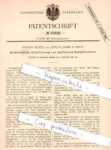 Original Patent - G. Plate und A. Jäger in Wien , 1883 , Selbstthätige Vergitterung von Schubfenstern !!!