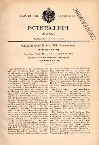 Original Patent - R. Köhler in Lipine / Lipiny , Oberschlesien , 1891 , Feuerung , Schwientochlowitz / Świętoc
