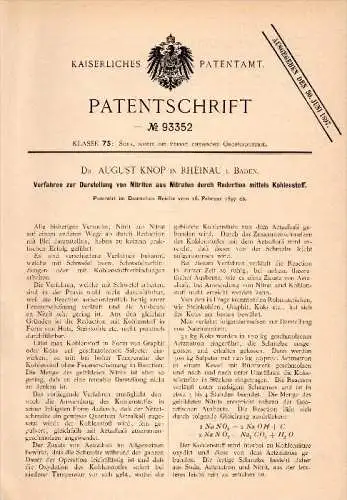 Original Patent - Dr. August Knop in Rheinau i. Baden , 1897 , Darstellung von Nitriten , Chemie , Labor !!!