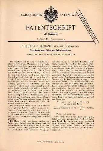 Original Patent - E. Robert dans Lorient , 1896 , Revêtements pour flotteur, gilet de sauvetage, la vie , Morbihan !!!
