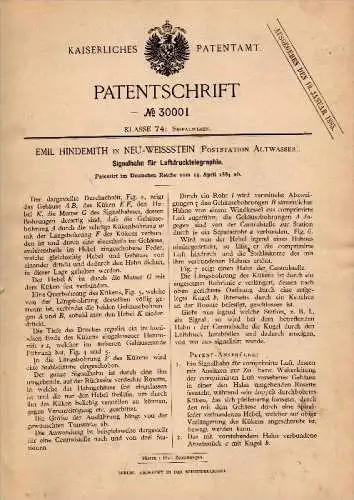 Original Patent - E. Hindemith in Neu Weisstein b. Waldenburg / Wałbrzych ,1884, Signalhahn für Telegraphie , teleg