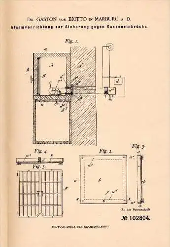 Original Patentschrift - Dr. Gaston von Britto in Marburg a.D. , 1898 , Alarmapparat gegen Einruch , Sparkasse , Tresor