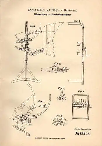 Original Patentschrift - Enno Sebes in Leer , Prov. Hannover , 1890 , Flaschenfüllmaschine , Flaschen !!!