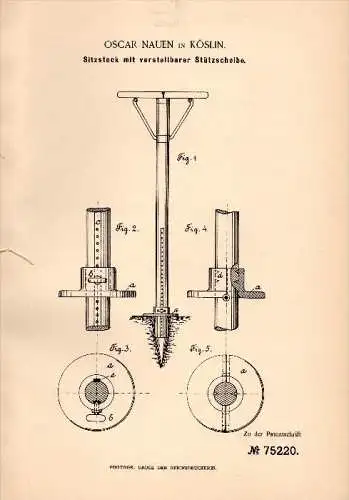 Original Patentschrift -  Oscar Nauen in Köslin / Koszalin , 1893 , verstellbarer Sitzstock , Jagd , Schemel , Cöslin !!
