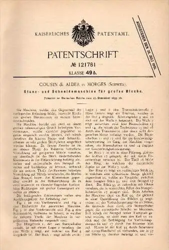 Original Patentschrift - Cousin & Alder in Morges , Schweiz , 1899 , Stanz- und Schneidemaschine , Metallbau !!!