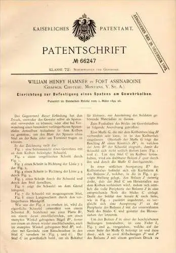 Original Patentschrift - W. Hamner in Fort Assinaboine , 1892 , Attachment for the rifle spade !!!