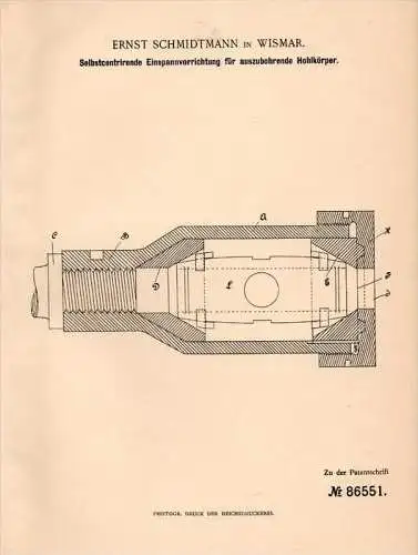 Original Patentschrift - E. Schmidtmann in Wismar i. Meckl., 1895 , Einspanner für Hohlkörper , Metallbau , Mecklenburg