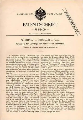Original Patentschrift - W. Stephan in Mombach b. Mainz , 1890 , Luftflügel - Verschluß , Hochbau , Hausbau , Bau !!!