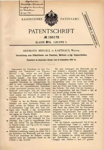 Original Patentschrift - H. Mergell in Karthaus , Westpr., 1905 , Apparat zum Etikettieren , Etikett , Flaschen , Dosen