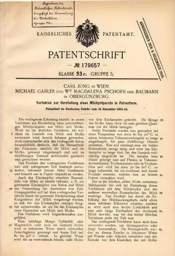 Original Patentschrift - M. Gabler und M. Pschorr in Obergünzburg , 1904 , Milchpräparat in Pulverform , Wien !!!