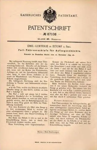 Original Patentschrift - E. Gofferje in Eitorf a. Sieg , 1895 , Aufzug - Türverschluß , Fahrstuhl , Lift !!!