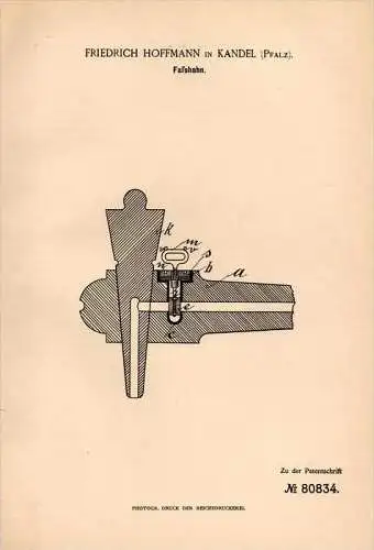 Original Patentschrift - F. Hoffmann in Kandel i. Pfalz , 1894 , Faßhahn , Zapfhahn , Kneipe , Bar , Schankgeräte !!!