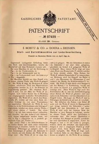 Original Patentschrift - E. Moritz & Co. in Dohna b. Dresden , 1895 , Maschine für Leder , Gerberei !!!