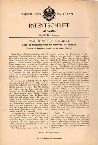 Original Patentschrift - Ch. Spach à Rothau , Elsass , 1895 , Broche pour machine à filer, la filature !!!