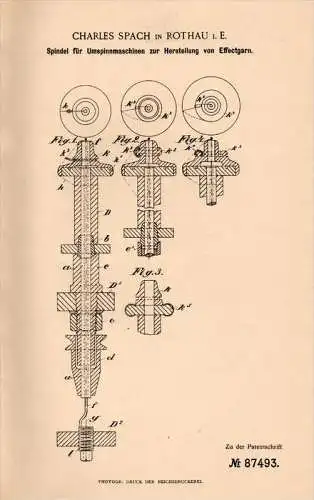 Original Patentschrift - Ch. Spach à Rothau , Elsass , 1895 , Broche pour machine à filer, la filature !!!