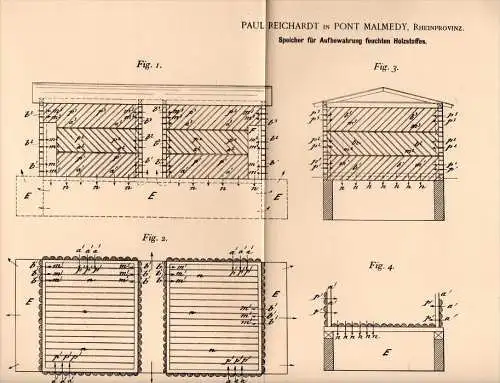 Original Patentschrift - Paul Reichardt in Pont Malmedy , 1895 , Speicher für feuchtes Holz , Sägewerk , Tischlerei !!!