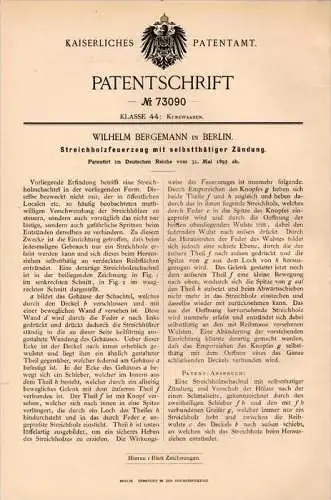 Original Patentschrift - W. Bergemann in Berlin , 1893 , Streichholz - Feuerzeug , Streichhölzer , Zündhölzer !!!