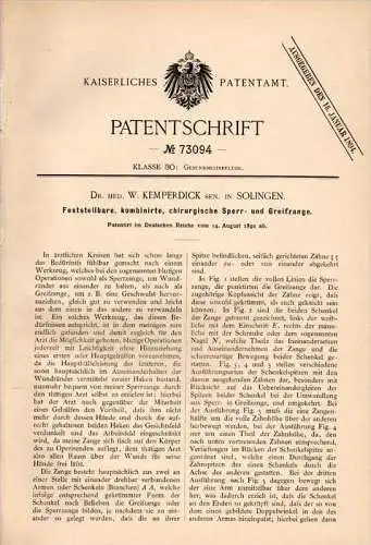 Original Patentschrift - Dr. med. W. Kemperdick in Solingen , 1892 , Zange für Chirurgie , Arzt , Krankenhaus , Klink !!