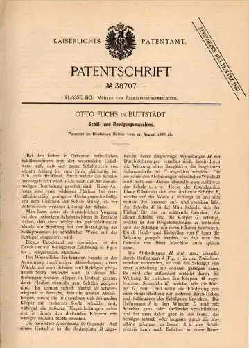 Original Patentschrift - Otto Fuchs in Buttstädt b. Sömmerda , 1886 , Schäl- und Reinigungsmaschine , Mühle !!!