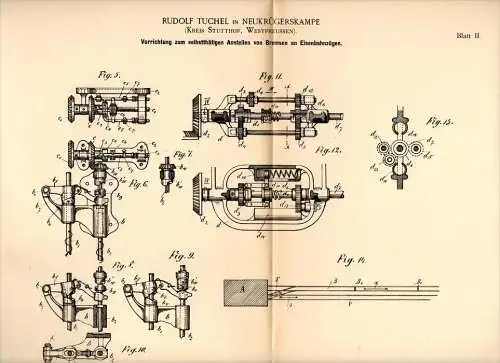 Original Patentschrift - R. Tuchel in Neukrügerskampe b. Stutthof , 1892 , Apparat für Eisenbahn - Bremse , Sztutowo !!!