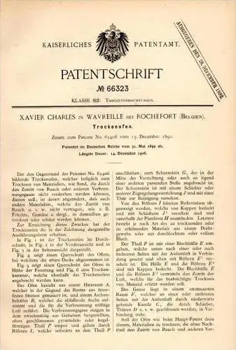 Original Patentschrift - X. Charles in Wavreille b. Rochefort , 1892 , Trockenofen , Ofen , Trocknung !!!