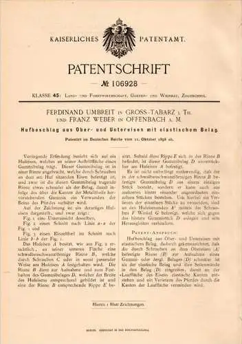 Original Patentschrift - F. Umbreit in Groß Tabarz i.Th., 1898 , Hufbeschlag , Hufeisen , Schmied , Pferde !!!