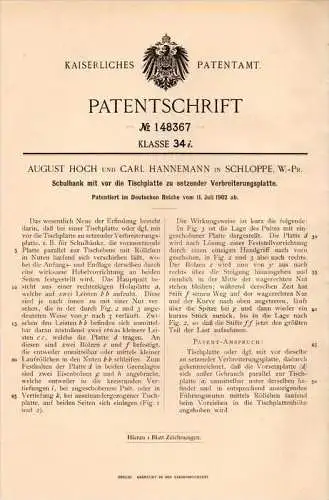 Original Patentschrift - A. Hoch und C. Hannemann in Schloppe / Człopa , 1902 , Schulbank mit Platte , Schule , Kin
