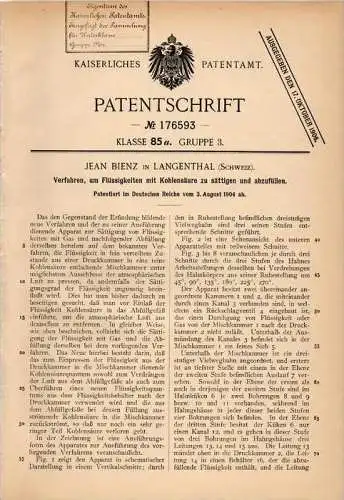 Original Patentschrift - Jean Bienz in Langenthal , 1904 , Sättigung von Flüssigkeiten mit Kohlensäure !!!