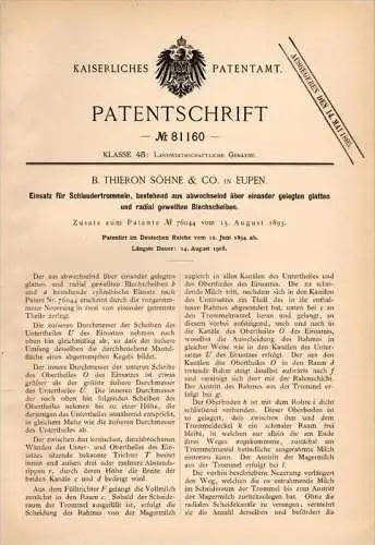 Original Patentschrift - B. Thieron in Eupen , 1894 , Einsatz für Schleudertrommeln , Landwirtschaft , Milch , Molke !!!