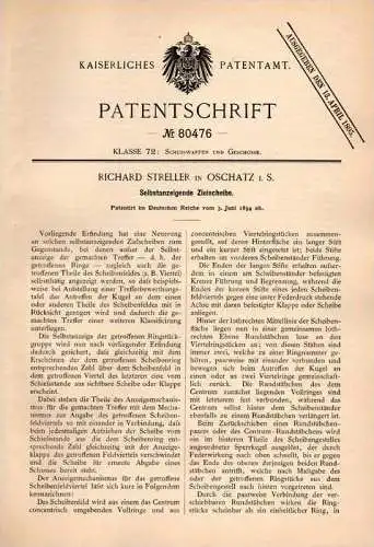 Original Patentschrift - Rich. Streller in Oschatz i.S. ,1894 , selbstanzeigende Zielscheibe , Schießen , Schützenverein