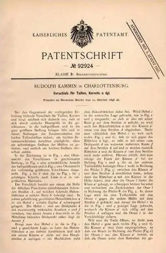 Original Patentschrift - Verschluß für Korsett und Taille , 1896 , R. Kammin in Charlottenburg , Corset !!!
