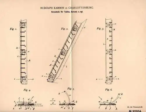 Original Patentschrift - Verschluß für Korsett und Taille , 1896 , R. Kammin in Charlottenburg , Corset !!!