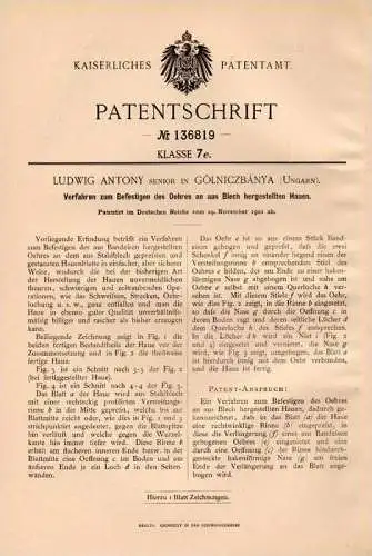 Original Patentschrift - L. Antony in Gölniczbánya , Ungarn , 1901 , Befestigung für Hauen !!!