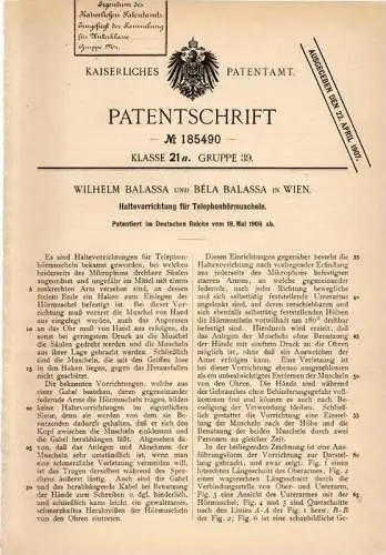 Original Patentschrift - W. Balassa in Wien , 1906 , Halteapparat für Telephon - Hörmuscheln !!!