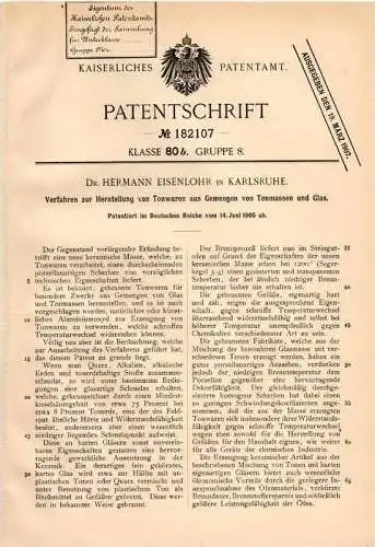 Original Patentschrift - Dr. Hermann Eisenlohr in Karlsruhe , 1905 , Tonwaren aus Glas und Ton , Thon !!!